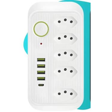 Imagem de Régua de Tomada Elétrica com 5 Entradas, 4 USB + 1 USB-C, Cabo 3m, 2500W, Branco
