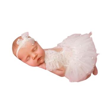 Imagem de Roupas de fotografia para recém-nascidas, 2 peças de adereços de sessão de fotos para bebês, macacão de renda para recém-nascido com conjunto de faixa de cabeça para sessão de fotos (manga curta