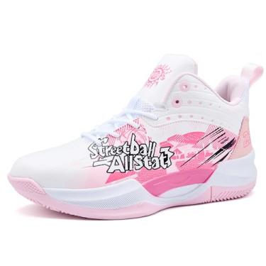 Imagem de Bolognifi Tênis de basquete masculino atlético respirável malha antiderrapante durável leve absorção de choque tênis de corrida casual presente(White pink,36 BR)