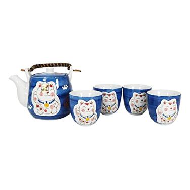 Imagem de O conjunto de chá e xícaras de chá de cerâmica preta de gato da sorte da Maneki serve 4 lindas embalagens em caixa de presente excelente decoração de casa asiática, Blue Maneki Neko Set, 1