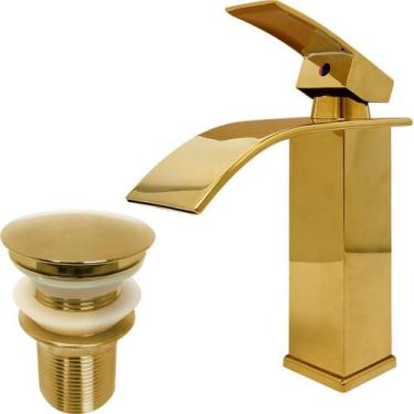 Imagem de Torneira Dourada Pia Banheiro Bica Baixa Cascata E Valvula Click 1 ¼ I