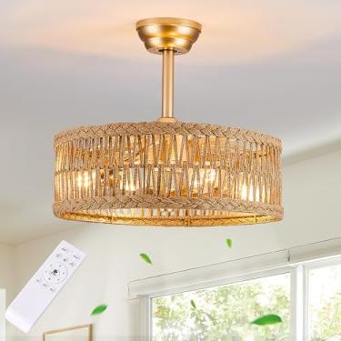 Imagem de OPKMB Luminária para ventilador de teto de vime de montagem semi-embutida dourada de 50,8 cm, persiana de tambor com 7 lâminas transparentes, controle remoto, base E26, motor reversível, estilo boho