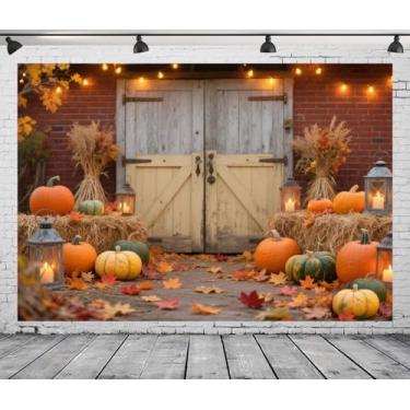 Imagem de DePhoto 2,8 x 1,5 m de outono de Ação de Graças, cenário, outono, abóbora, colheita, caubói, porta de celeiro, poste de folhas de bordo, palheiro, vermelho, parede de tijolos para decoração de festa