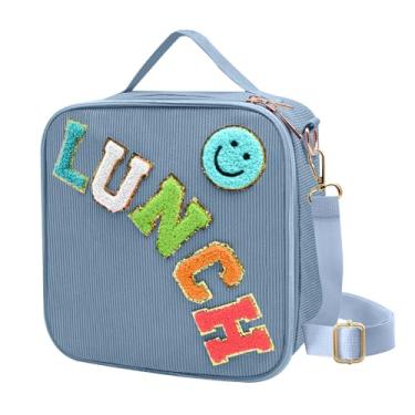 Imagem de Lancheira isolada com alça de ombro ajustável, linda lancheira de veludo cotelê, grande, isolada, lancheira, reutilizável, com lancheira sorridente para meninas, viagens escolares (azul)