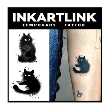 Imagem de INKARTLINK 2 Folhas De Tatuagens Semipermanentes Médias, Desenhos Artísticos Temporários Realistas Gatos Para Adultos, À Prova D'Água, Sem Adesivo, Reflexivas, Duram 1 A Semanas (Gato Preto Fofo)