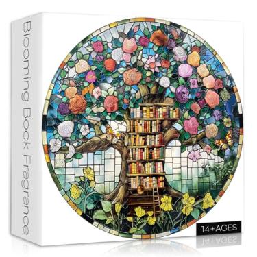 Imagem de Stained Glass Blooming Bookshelf Jigsaw Puzzle, Round Vintage Tree of Life Flower Themed, Mosaic Circle Floral Book Puzzle for Adults 1000 Pieces, Colorful Impossible Difficult Hard Challenge