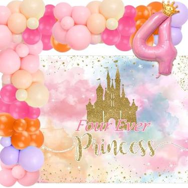 Imagem de Roaring Good Time Decoração De Aniversário "Castle Four Ever A Princess", Castelos Ouro Rosa, Guirlanda Balões, Coroa, Número 4, Balões Metalizados, Banner Para Anos Idade, Suprimentos Festa