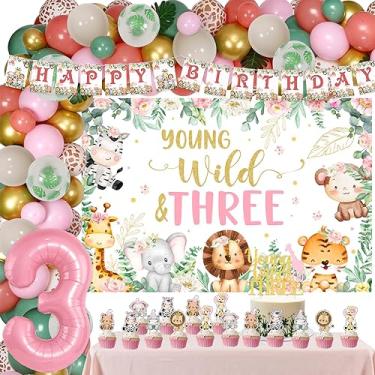 Imagem de JOYMEMO Decoração De Aniversário Para Meninas, Tema Safari Na Selva, Jovem Selvagem E Três, Topo Bolo Com Guirlanda Balões Verde-Sálvia Rosa-Poeira, Faixa Feliz, Número 3