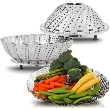 Imagem de Cesto Cozinhar A Vapor Panela Vaporeira Inox Dobrável Legumes.Desfrute de Legumes Cozidos no Vapor Perfeitos, Crocantes e Cheios de Sabor!