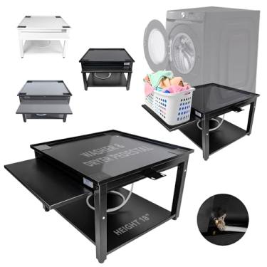 Imagem de Pedestal de lavadora e secadora com prateleira removível - 68,5 cm L, 45,7 cm A, aço preto ajuste universal com as principais marcas | Pedestal de lavanderia com bandeja de drenagem e mangueira |