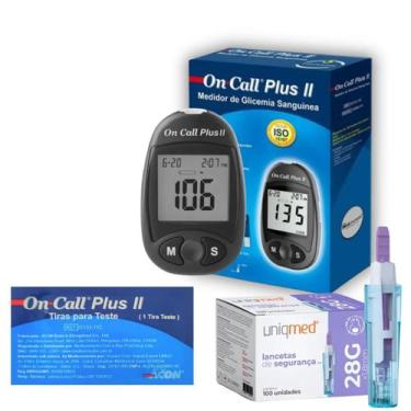 Imagem de Kit Medidor On Call Plus II 25 Tiras e 100 Lancetas - MATERIAL MÉDICO