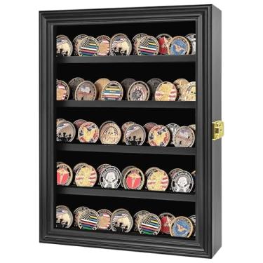 Imagem de LIUYALO Caixa De Exposição Moedas Com Desafio Militar, Armário Do Exército Madeira Fechadura, Porta Vidro Acrílico Antidesbotamento, Suporte Para Prateleiras Removíveis E Montagem Na Parede, Preto