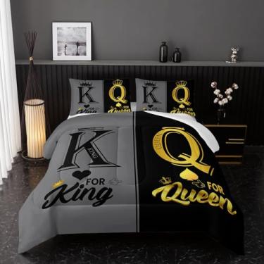 Imagem de Nttopship Conjunto de edredom com coroa de rei e rainha, preto e cinza, 3 peças, conjunto de edredom para adultos e homens, mulheres, 2 fronhas, decoração de quarto, tamanho king