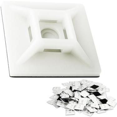 Imagem de Suportes grandes e premium para abraçadeiras adesivas com zíper, pacote com 100 unidades da Phyxology Supply. Bases de abraçadeiras brancas UV de nível profissional: 2,8 cm x 2,8 cm. O ponto de ancoragem com furo de parafuso oferece durabilidade de alta resistência para uso a longo prazo