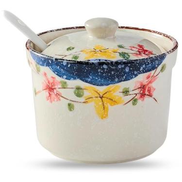 Imagem de mehrido Açucareiro de cerâmica com tampa e colher – Recipiente de açúcar de 293 ml para balcão de cozinha, cafeteria e casa, pote de açúcar de fazenda para café, chá e cozimento, pote de açúcar pode