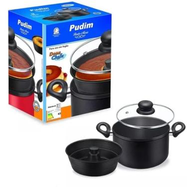 Imagem de Kit Forma Banho Maria p/Pudim, Cuscuz Preto Tampa de Vidro