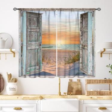 Imagem de Cortinas de praia azuis, porta de celeiro rústica, oceano, litoral, paisagem costeira, prancha, madeira, cenário, rural, verão, cortinas, tratamentos para quarto, sala de estar, banheiro, conjuntos de