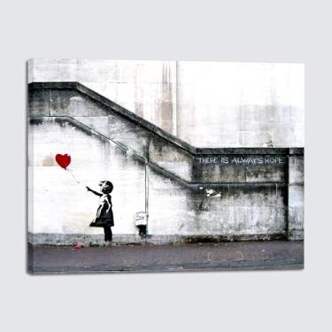 Imagem de Wieco Art Banksy Grafitti Girl with Ballon Giclee Artwork for Wall Decor Modern Seaview Canvas Wall Art for Home and Office Decoration Picture Print on Canvas Art, Cinza, 16x12inch (40x30cm), 1