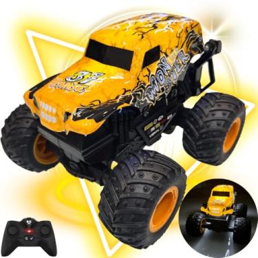 Imagem de Carrinho controle Remoto Monster Truck Adrenalina Manobras Radicais Led e Música Carro Molas Flexiveís Diversão Aventura de Crianças e Adultos Presente Off Road RC Fora Estrada Jam (Amarelo)