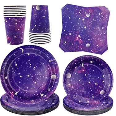 Imagem de Conjunto de utensílios de mesa para festa de galáxia espacial, inclui 20 pratos de papel de 23 cm, 20 pratos de 18 cm, 20 copos de 255 g, 20 guardanapos de almoço, para crianças, tema astronauta do