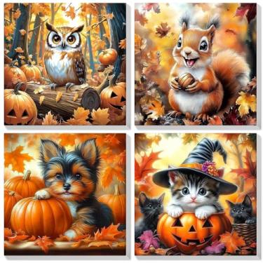 Imagem de Bowetile Pacote com 4 tintas emolduradas de outono por números para adultos iniciantes, kits fáceis de pintar por números em tela, kits de artesanato de pintura com números de animais acrílicos