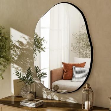 Imagem de HARRITPURE Espelho de parede irregular 61 cm x 81 cm preto assimétrico espelho de banheiro moldura de madeira espelhos decorativos modernos para quarto sala de estar entrada