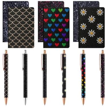 Imagem de MotiMind 12 conjuntos de canetas e blocos de notas chiques, 6 mini cadernos de bolso com glitter, 6 lindas canetas brilhantes com glitter para meninas, mulheres, escritório, escola, Natal, formatura