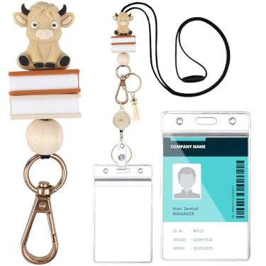 Imagem de Cordão de professor com porta-crachá de identificação, lindo cordão de contas de vaca Highland e livros com carretel retrátil para crachá, porta-cartões e chaveiro de borla, presentes para professores