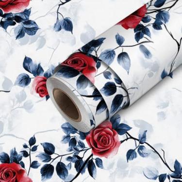 Imagem de HOMETITUTE Papel de parede de arte rosa vermelha e azul descasque e cole papel de parede de contato 45 cm x 300 cm cobertura de parede de vinil autoadesivo quarto cozinha banheiro