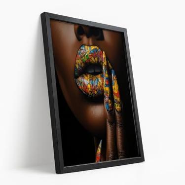 Imagem de Quadro Decorativo Mulher Negra Boca Colorida Unhas Arte Pop Urbana Moderna Estilo Criativo Estampa Impactante Com Moldura