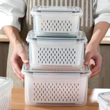 Imagem de kit de 3 Potes Herméticos com Cesto Removível, Plástico Resistente, Potes Organizadores de Geladeira Hermético com Trava nas Tampas Borracha Isolante, Organizador de Frutas Legumes Saladas - Sem BPA