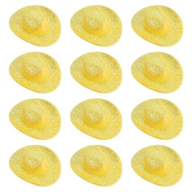 Imagem de PATIKIL Mini chapéus de caubói, 12 peças de chapéu de cowboy ocidental em miniatura para artesanato, decoração de festa, fantasia de boneca para animais de estimação, estilo glitter, amarelo