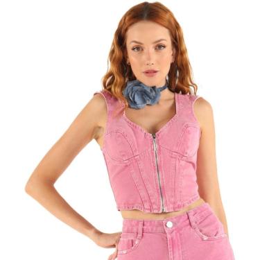 Imagem de Blusa Jeans Onça Preta Com Recortes VE24 Rosa Feminino-Feminino