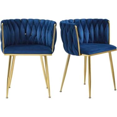 Imagem de Cadeiras De Jantar De Veludo, Cadeira De Jantar Moderna Dourada Com Pernas De Metal, Cadeiras De Jantar Estofadas Tecidas Para Sala De Jantar, Cozinha, Penteadeira, Sala De Estar, Blue