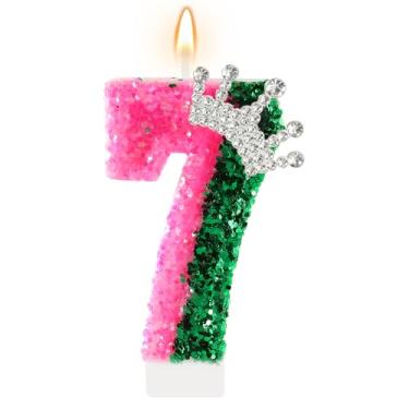 Imagem de AKURIEEY Wicked Birthday Candle Crown Number 7 Candle Pink and Green 7th Birthday Cake Topper Decorações Wicked Themed Party Decor Anniversary Celebrations Supplies