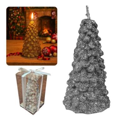 Imagem de Vela decorativa natalina em formato de pinheiro com glitter 10cm para 