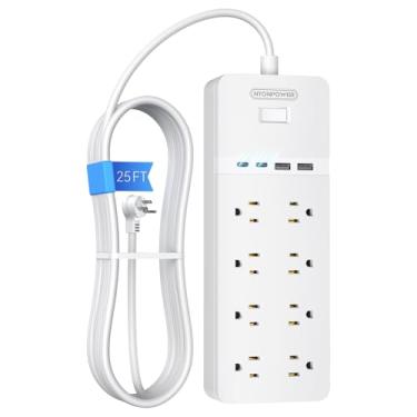 Imagem de Cabo de extensão de 7,6 m, plugue plano, NTONPOWER 8 tomadas protetor contra sobretensão com portas USB, 1080 joules, disjuntor de 15A, suporte de parede para home office oficina ou garagem, listado pela ETL, branco