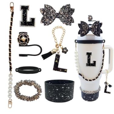 Imagem de Conjunto de 8 peças de acessórios para copo Stanley de 30 e 1,5 l com alça, incluindo topo de palha, bota, alça de alça de garrafa de água, decoração de arco de palha, pulseiras, pingente de letra