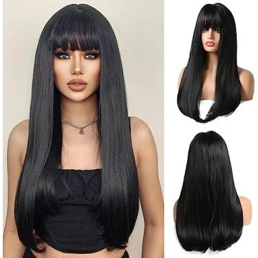 Imagem de Esmee Perucas Longas, Retas E Pretas Para Mulheres, Cabelo Sintético Natural Em Camadas, Peruca Morena Com Franja, Uso Diário Festa Cosplay - 26"