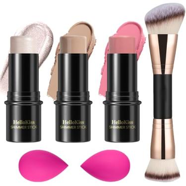 Imagem de Kit de maquiagem em bastão de contorno creme, tons com bastão de iluminador, bastão de blush e bastão de contorno de bronzeador para esculpir as bochechas, à prova d'água, acabamento fosco e orvalhado