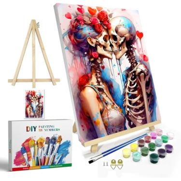 Imagem de igoodom Kit de pintura por números para adultos com moldura e cavalete, pintura acrílica DIY de 20 x 30 cm em tela com caixa, conjunto de tinta de caveira de açúcar por número para decoração de parede