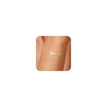 Imagem de HABIKIP Pulseira feminina com cruz de ouro, delicada, banhada a ouro 14 k, zircônia cúbica, berloques de Jesus com nó de amor, pulseiras modernas com elos de pérola fina, clipe de papel, pulseiras de
