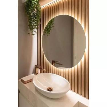 Imagem de Espelho Redondo De Parede Para Banheiro Com Led Amarelo 80x80 Com Bateria Amarelo