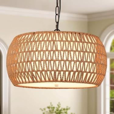 Imagem de MEIXISUE Lustres Boho para sala de jantar, lustres de vime com sombra de tecido, luminárias de sala de jantar de fazenda, iluminação de ilha de cozinha, lustre de tambor tecido à mão com 5 luzes, 45,7