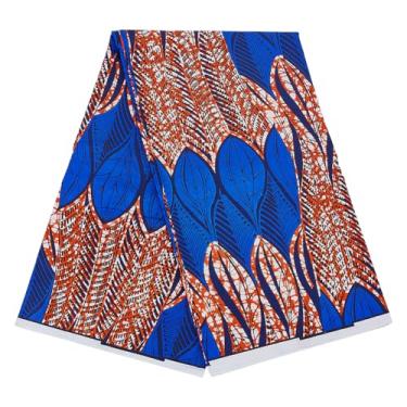 Imagem de FINGERINSPIRE 6 jardas/5,5 m Tecido de poliéster africano 45,7 polegadas de largura Kente Print Tecido de cera Ankara Crafts Tecidos de poliéster com padrão de folha azul escuro para projetos de