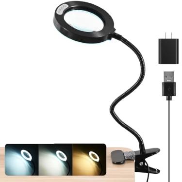Imagem de Lupa de 10 x com luz e temporizador, lâmpada de mesa de ampliação 2 em 1, 3 modos de cor, 10 brilho regulável, lupa flexível de pescoço de ganso com luz para artesanato, pintura de passatempo, costura