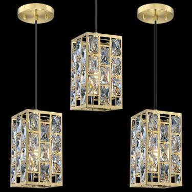 Imagem de Pacote com 3 1 luminária pendurada moderna ilha de cozinha quadrada pingente de cristal, sombra de cristal com acabamento em bronze escovado para bar, sala de jantar, corredor, sala de estar sobre a