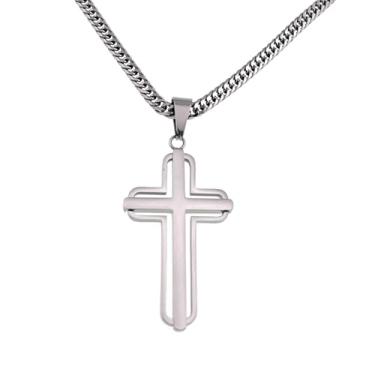 Imagem de Colar com cruz para homens, pingente moderno de aço inoxidável em camadas, corrente durável de 50 cm, joia elegante feita à mão, presente masculino, normal, Aço inoxidável, Sem Pedra Preciosa