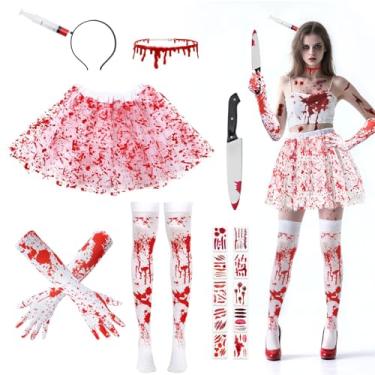 Imagem de JUNEBRUSHS 16 Pcs Halloween Nurse Costume Set, Bloody Nurse Tutu Skirt Stocking Gloves Syringe Headband Blood Necklace Tattoo Sticker Uniform Kit for Women