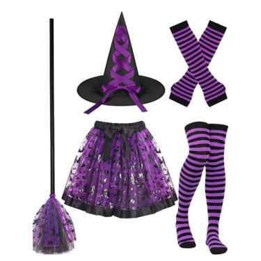 Imagem de Conjunto de 5 peças de fantasias de bruxa de Halloween para mulheres, chapéu de bruxa roxo, vassoura, listrado, meias de coxa, luvas, saia tutu, fantasias de Halloween para mulheres, meninas, cosplay